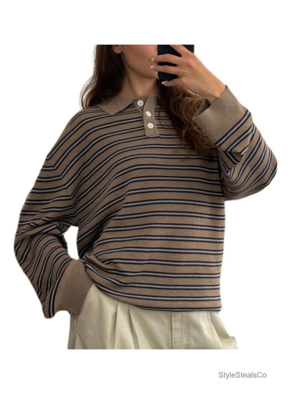 Striped Knit Polo Shirt Long Sleeve Loose Fit Pullover Sweater